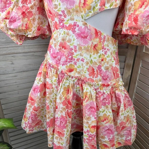 Sofie the Label Pink Floral Puff Sleeve Ruffled Skirt Sundress Size Small - Picture 4 of 8